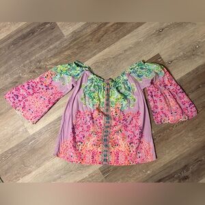Lilly Pulitzer Top Sunshine Vibes Neeve Bell Flowy Sleeve Off Shoulder Sz Large